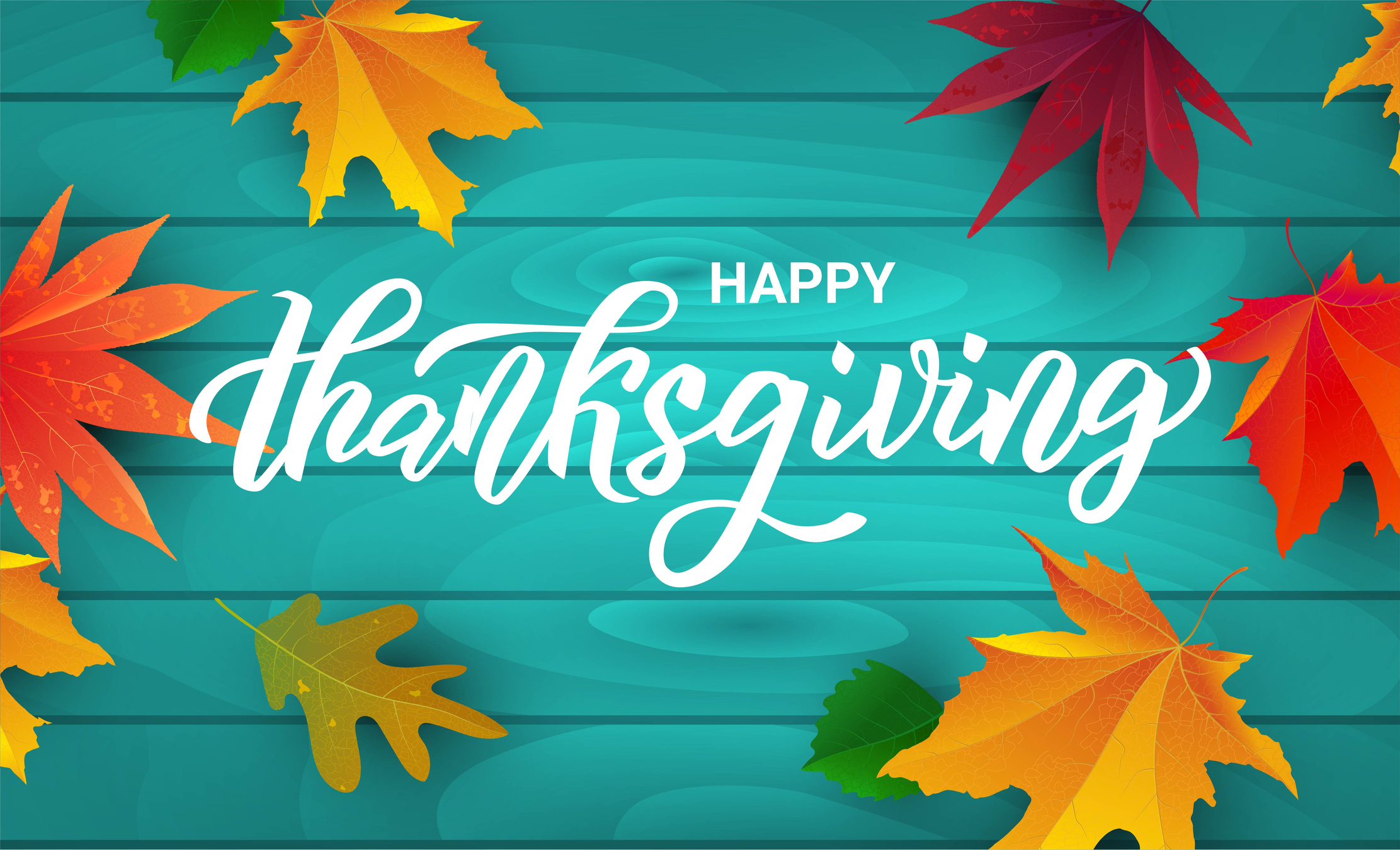 Happy Thanksgiving saying in white lettering, teal background and colorful leaves