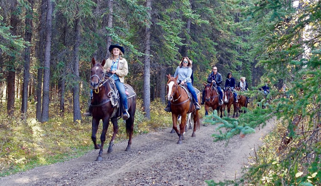 People on horses riding on a trail 
