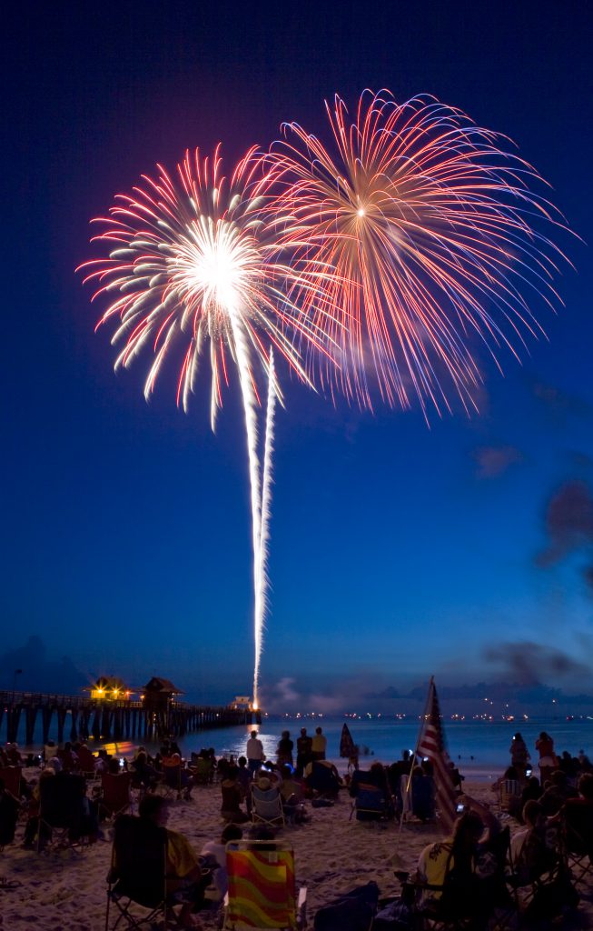 people sitting on beach watching fireworks being set off pier